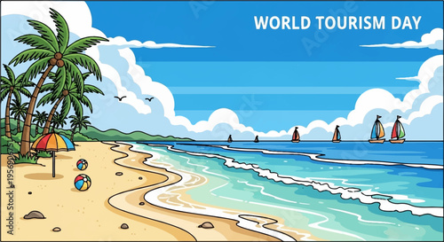 Vector illustration of beach scene for World Tourism Day