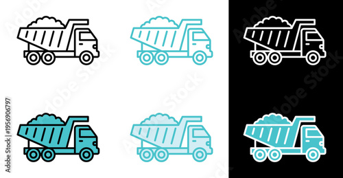 Dump truck with raised bed icon for construction hauling and building sites in line and fill style