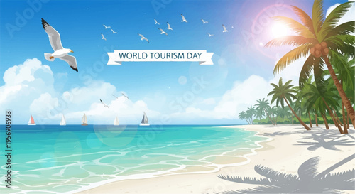 Vector illustration of tropical beach scene for World Tourism Day