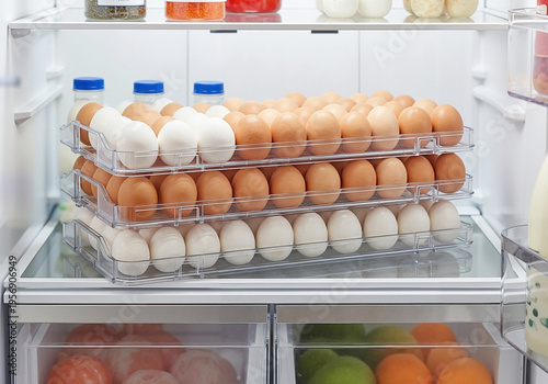 Fresh eggs stored in clear stackable containers inside a modern refrigerator.