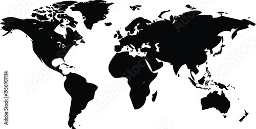 Map silhouette with black continents and white ocean background geography