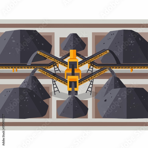 Coal mining industry with conveyor belt system and piles of coal.