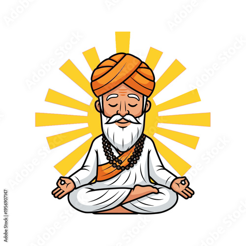 Spiritual Guru Meditating in Lotus Pose with Sun Rays Background