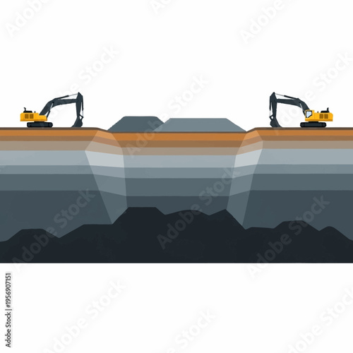 Excavators digging a trench for construction or mining operations.