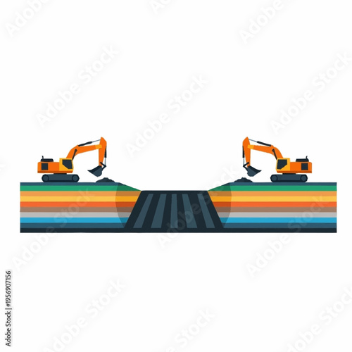 Excavators Digging Trench for Pipeline Construction Project.