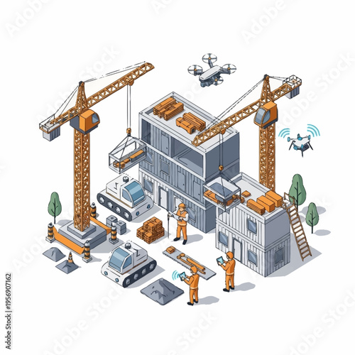 Construction Site with Cranes Drones and Workers.