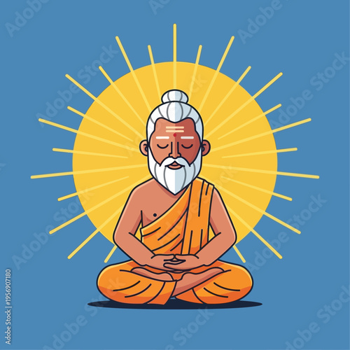 Elderly Indian man meditating in lotus pose with sun rays background
