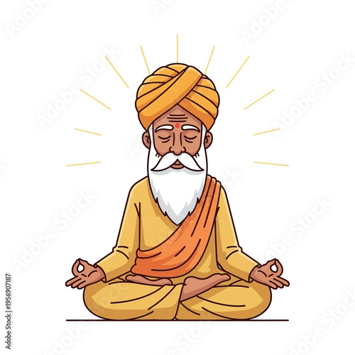 Elderly Indian Man Meditating in Lotus Pose, Enlightenment, Serenity, Wisdom, Spiritual Aura