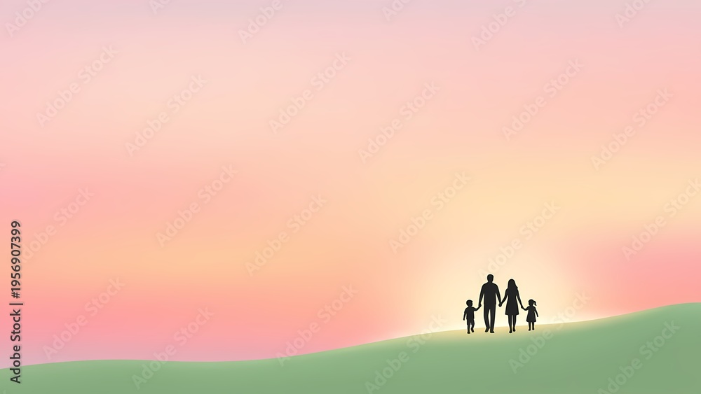 Fototapeta premium Silhouette of a happy family holding hands and walking on a green hill at sunset, symbolizing togetherness, love, and a bright future.