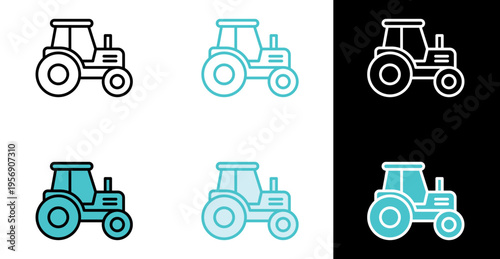 Farm tractor vehicle icon for agriculture and field work in line and fill style