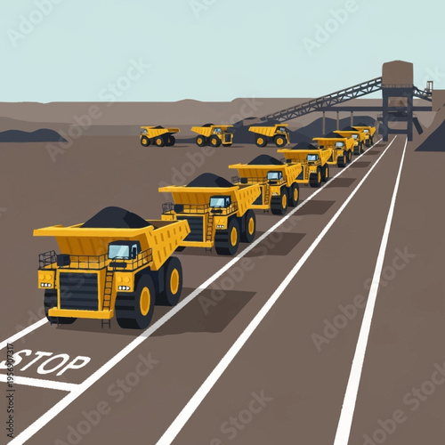 Heavy-duty mining dump trucks loaded with coal in a queue at a stop line.