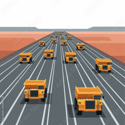Heavy-duty mining dump trucks on a vast open-pit mine road.