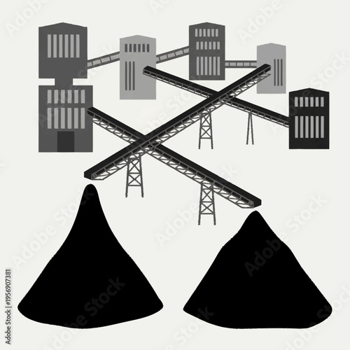 Industrial complex with conveyor belts and material piles.