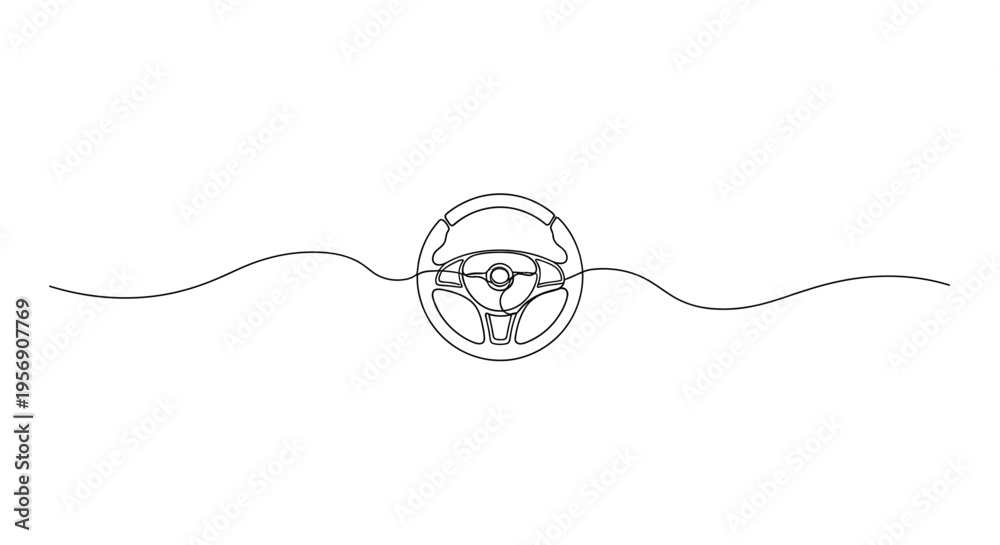 Obraz premium Car steering wheel on a wavy line, single line drawing