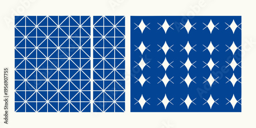 Two blue and white geometric patterns displayed side by side