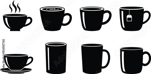 Collection of black coffee cup and tea mug silhouette icons isolated on a white background.