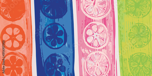 A vibrant pattern of citrus slices in bold vertical stripes