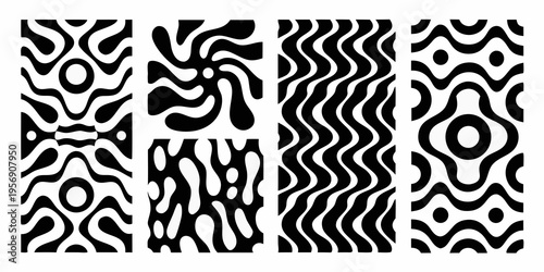 Abstract black and white optical illusion patterns arranged in a grid