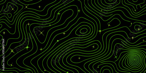 Abstract green lines and sparkling stars on a dark background