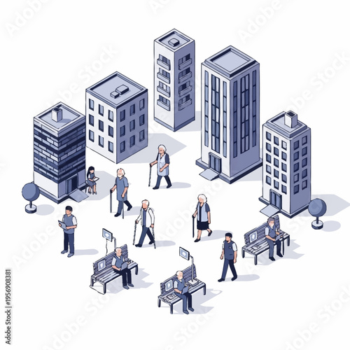 Isometric illustration of elderly people in a city environment.