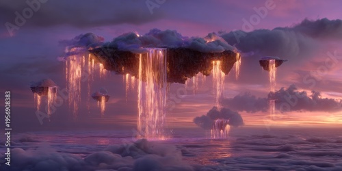 Fantasy landscape with floating islands and luminous streams against a colorful sky