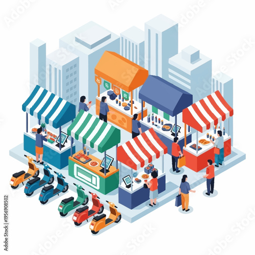 Isometric Outdoor Market Stalls with Shoppers and Scooters.