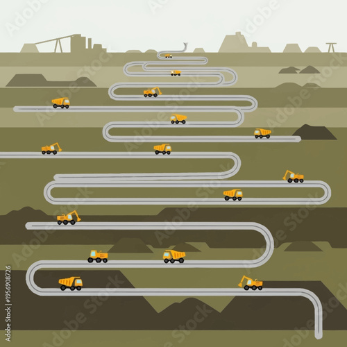Mining trucks on a winding road in an open-pit mine.
