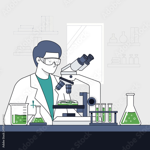 Scientist examining sample under microscope in laboratory with test tubes and beakers