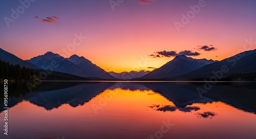 A serene mountain lake at sunset with vibrant colors reflecting on the water