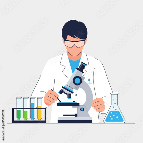 Scientist examining sample under microscope in laboratory with test tubes and flask