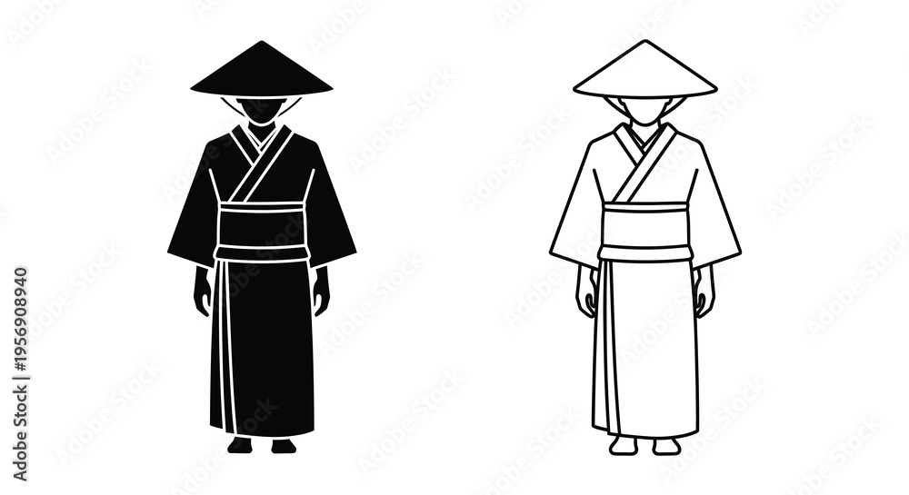Fototapeta premium Two figures in traditional conical hats a striking black silhouette