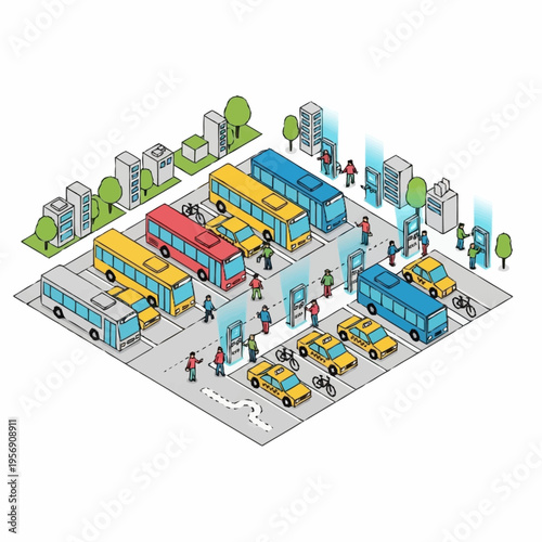 Modern City Bus Station with Passengers and Vehicles.
