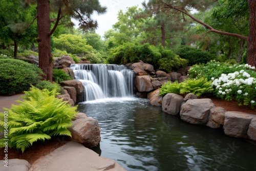 Garden waterfall flowing into calm pond with rocks