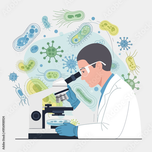 Scientist examining bacteria under microscope, microbiology research, lab analysis