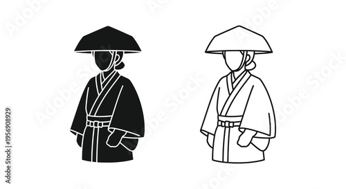 Two depictions of women in traditional conical hats a striking silhouette