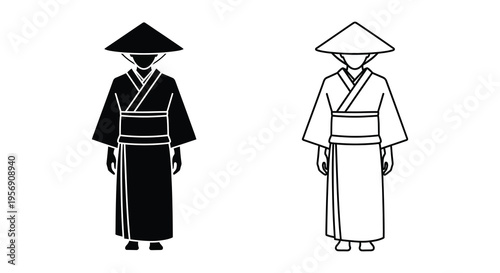 Two figures in traditional conical hats a striking black silhouette