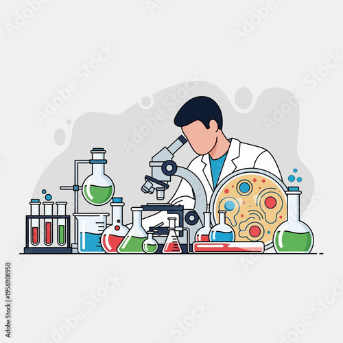 Scientist examining cells under microscope in laboratory with colorful experiments