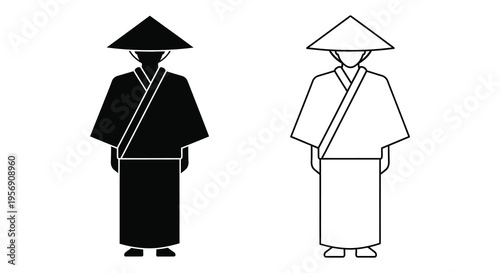 Two figures in traditional conical hats a striking black silhouette