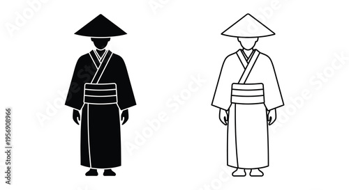 Two traditional asian figures in conical hats a striking silhouette