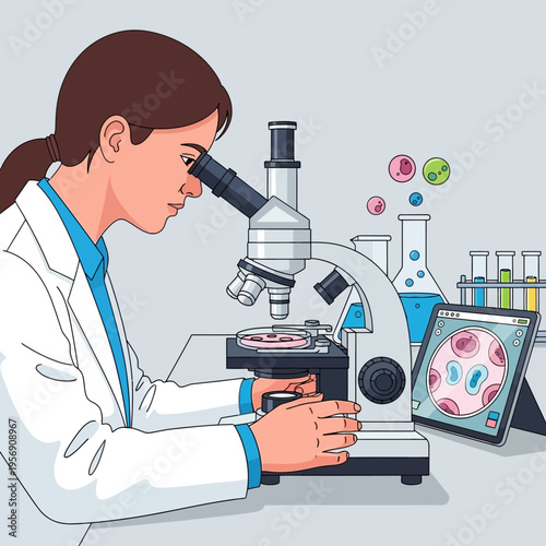 Scientist examining cells under microscope, digital analysis on tablet screen