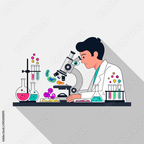 Scientist examining microorganisms under microscope in laboratory with colorful liquids and equipment