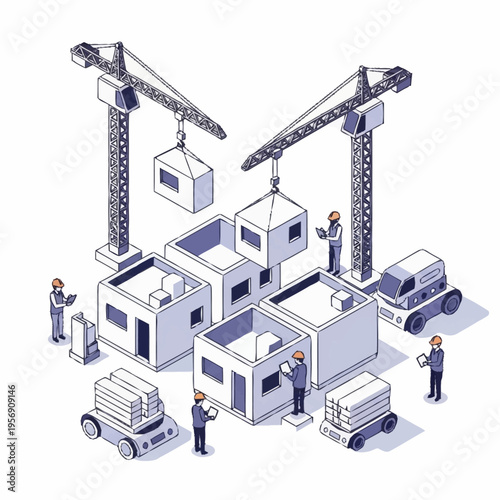 Modern Construction of Prefabricated Houses with Cranes and Robots.