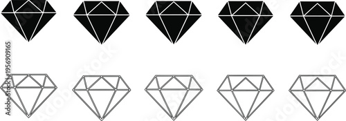 Diamond icon set vector illustration with geometric gemstone shapes in solid and outline styles for luxury jewelry branding design