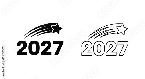 Two versions of 2027 with star trails black and white a bold silhouette
