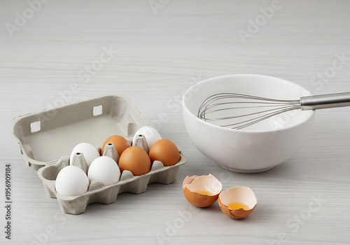 Assorted eggs in carton with broken shells and mixing bowl  