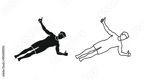 Two men in dynamic poses one solid one outlined presented as a silhouette