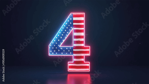 American flag neon number 4 vector illustration