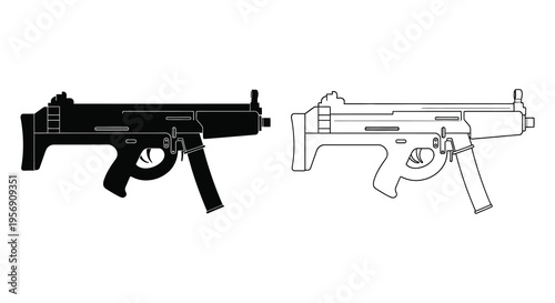 Detailed illustrations of a Mp5 submachine, gun presented in contrasting views silhouette