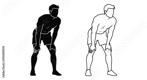 Two male figures in athletic pose one black and one white silhouette
