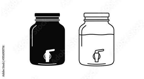 Two glass beverage dispensers one filled depicted in contrasting styles silhouette